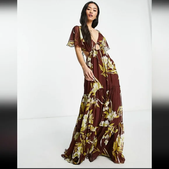 chinese dress ladies Rent Asos Design Channel Detail Halter Neck Trapeze Tiered Maxi Dress In  Bright Orange main image 0